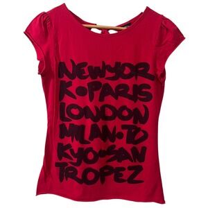 Ellemenno Red Graphic Tee Large City Print Puff Sleeve Y2K Style 100% Cotton Top